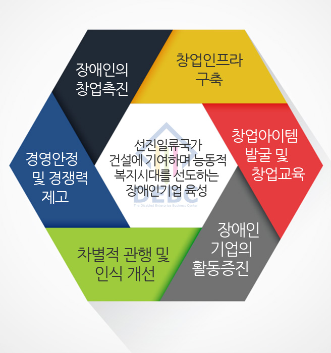 선진일류국가건설에 기여하며 능동적 복지시대를 선도하는 장애인기업 육성 - 장애인의 창업촉진 - 창업인프라 구축 - 창업아이템 발굴 및 창업교육 - 장애인기업의 활동증진 - 차별적 관행 및 인식 개선 - 경영안정 및 경쟁력제고